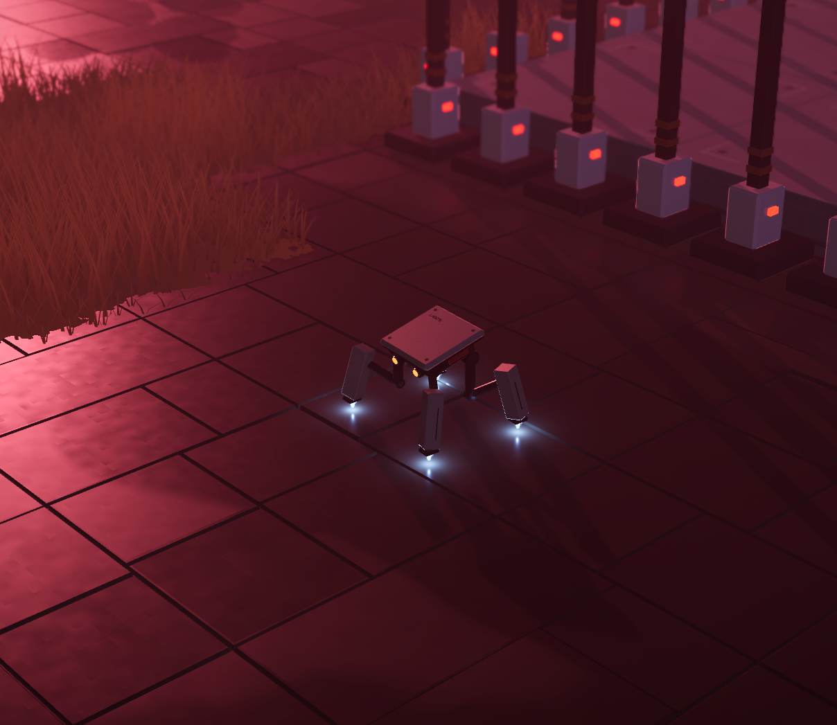A small hovering robot moving across a warmly lit factory floor