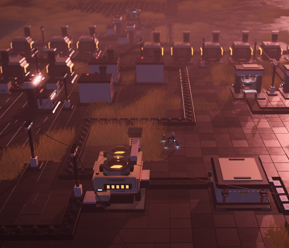 A warm-lit factory floor with production machines, rails, and foundry equipment